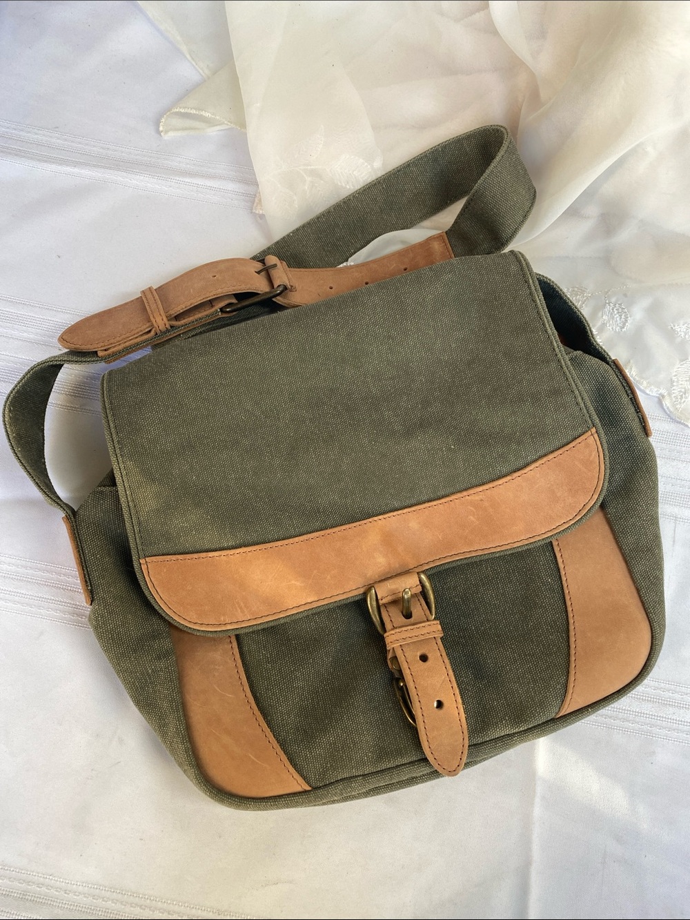 L.L. Bean Olive Canvas Messenger Bag with Brown Leather Trim